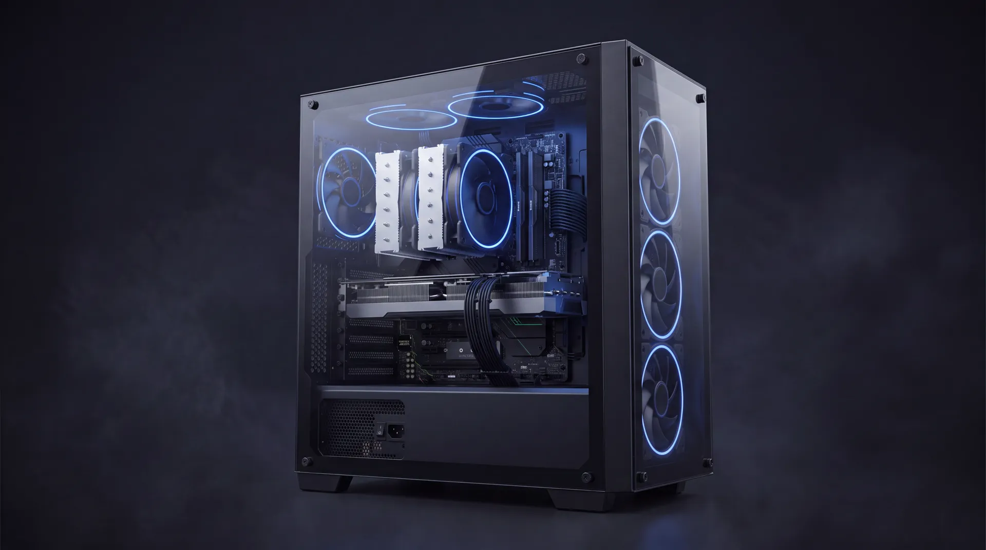 A fully assembled computer in a glass case, powered on with a soft blue glow.