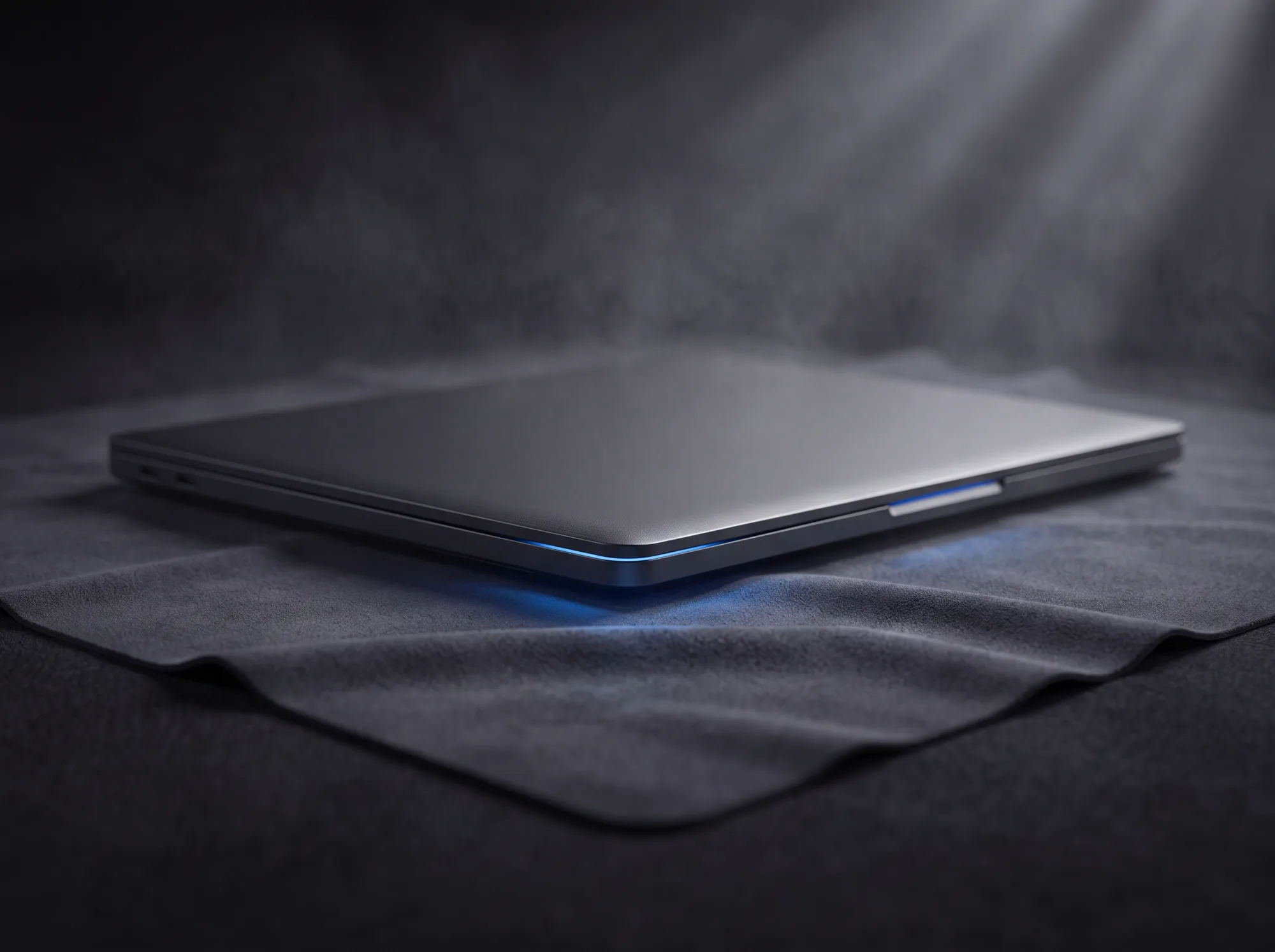 A clean, repaired laptop resting on a soft cloth, ready to be returned.