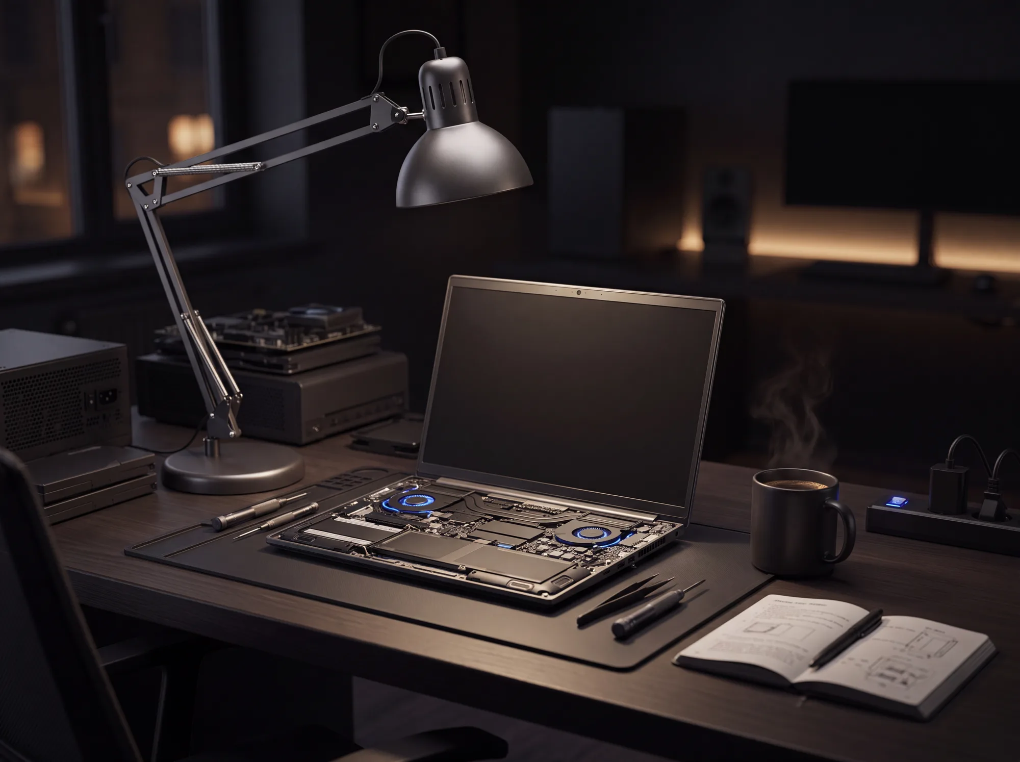 A cosy home workshop desk with a laptop mid-repair under a desk lamp, a notebook and a coffee mug.