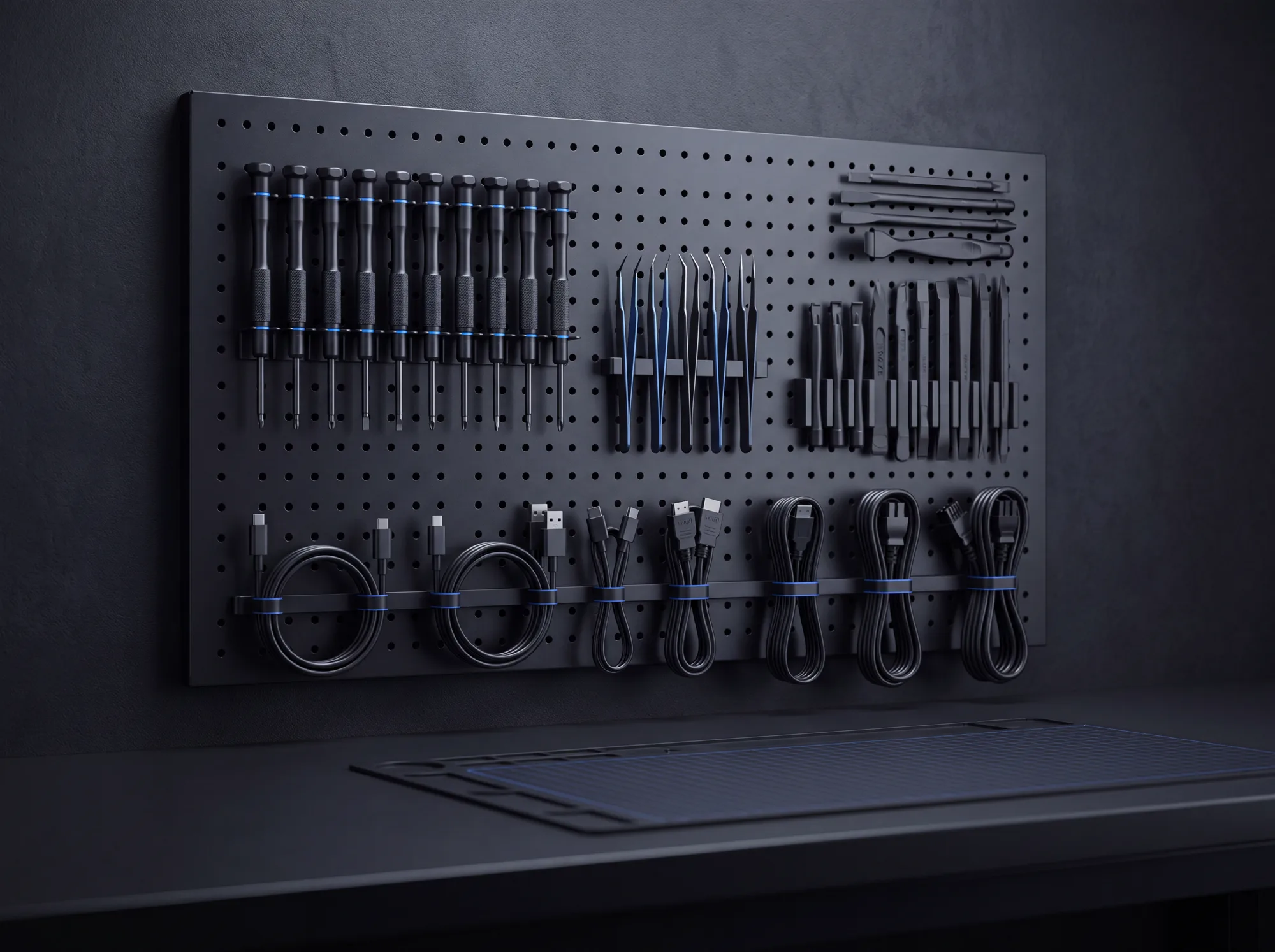 A wall of neatly organised precision repair tools above a clean bench.