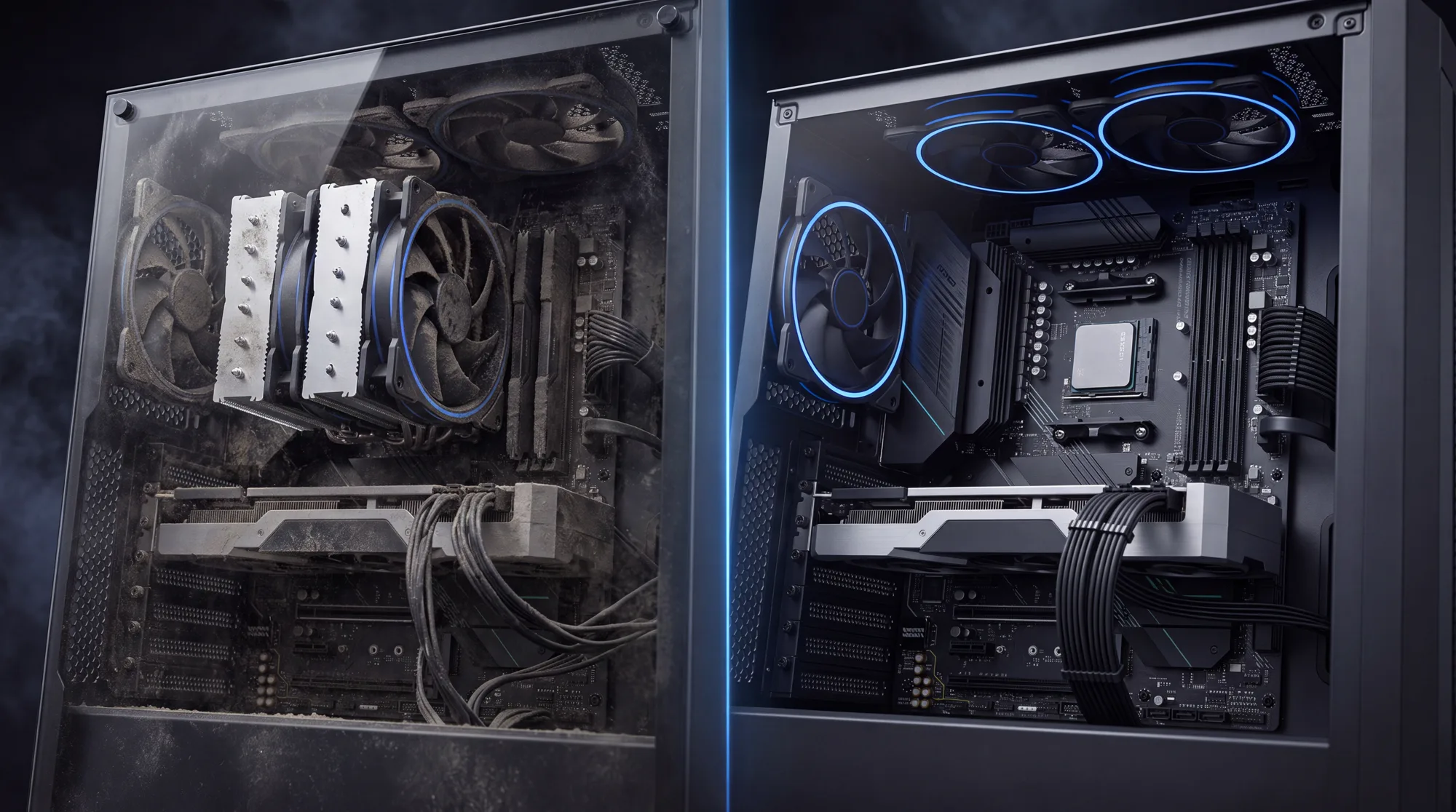 A PC interior, dusty on one side and clean on the other.