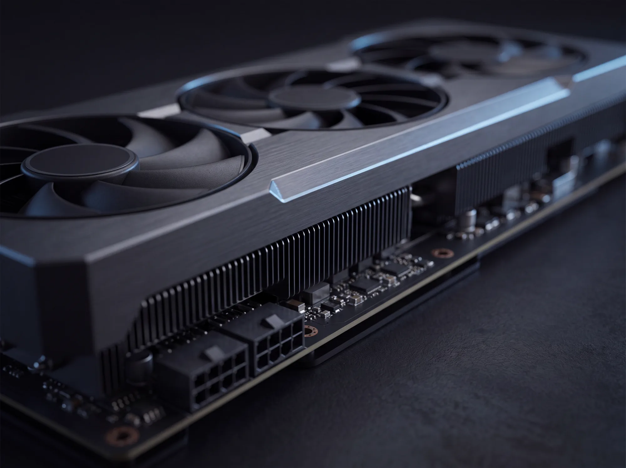 Close-up of a graphics card heatsink and fans.