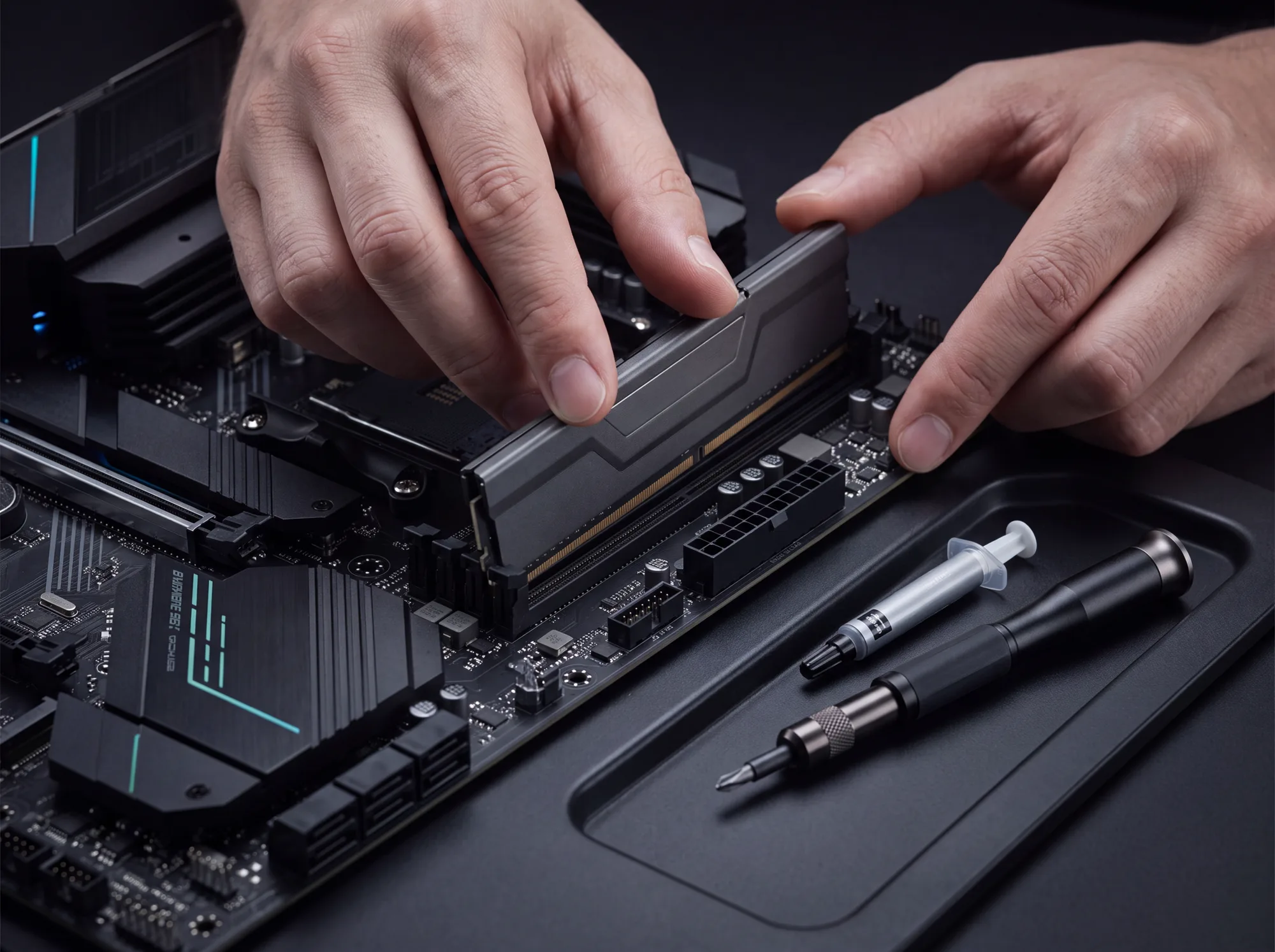 Hands fitting a memory module into a motherboard.