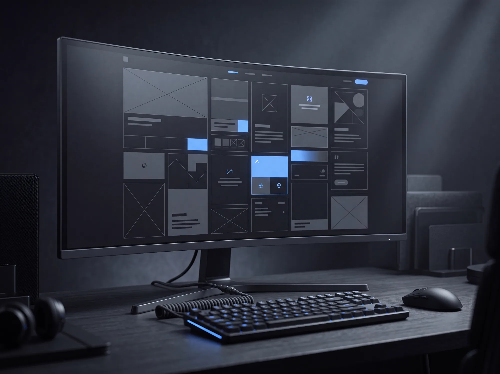 A monitor showing a website layout in progress.