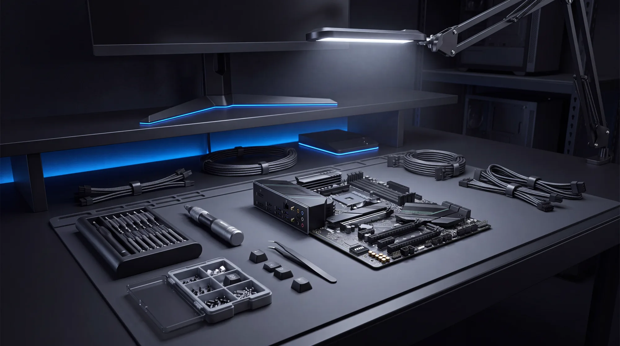 A motherboard on the workshop bench under a focused task light.